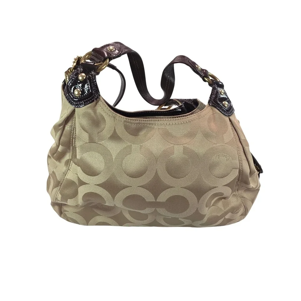 Coach Signature Jacquard Hobo Bag Khaki Brown Patent Leather 14305 Shoulder Bag